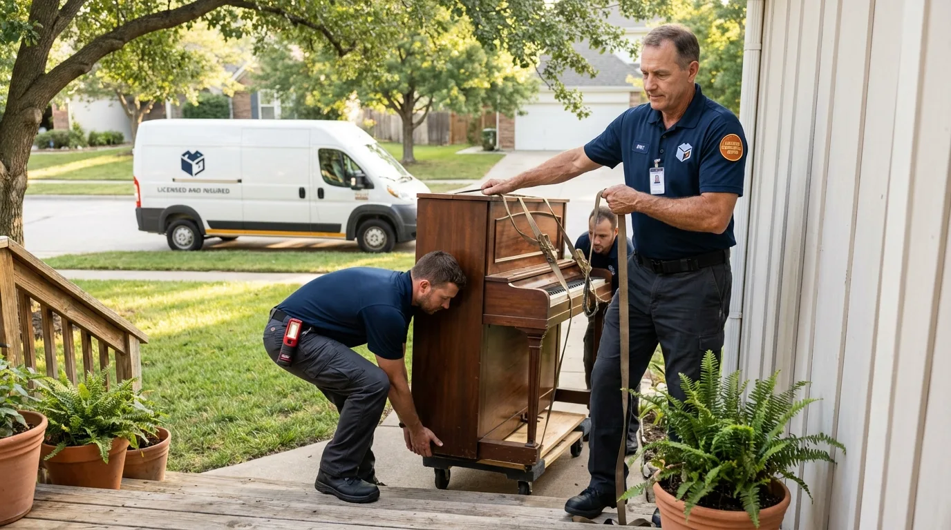 Licensed piano movers securing grand piano in Lyndon, KS