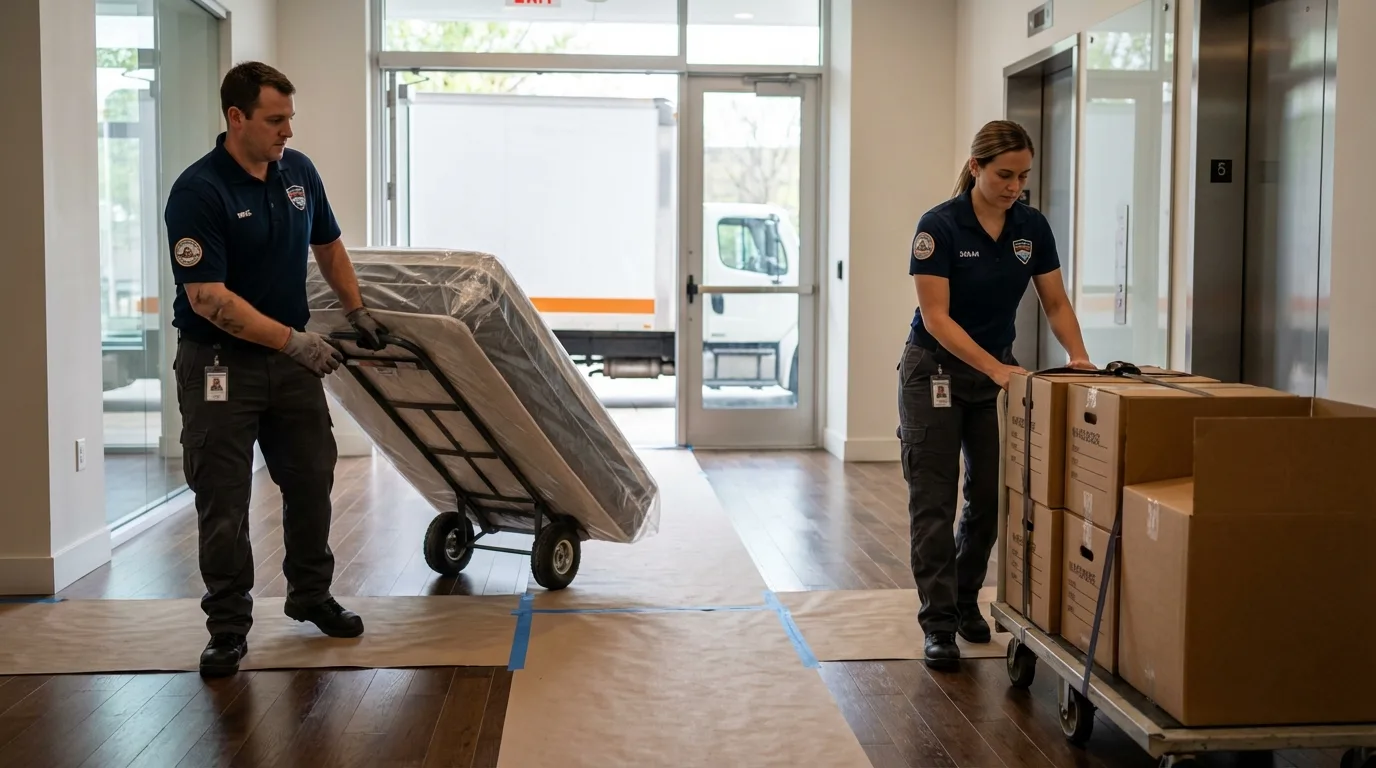 Professional apartment movers loading elevator in Lyndon, KS